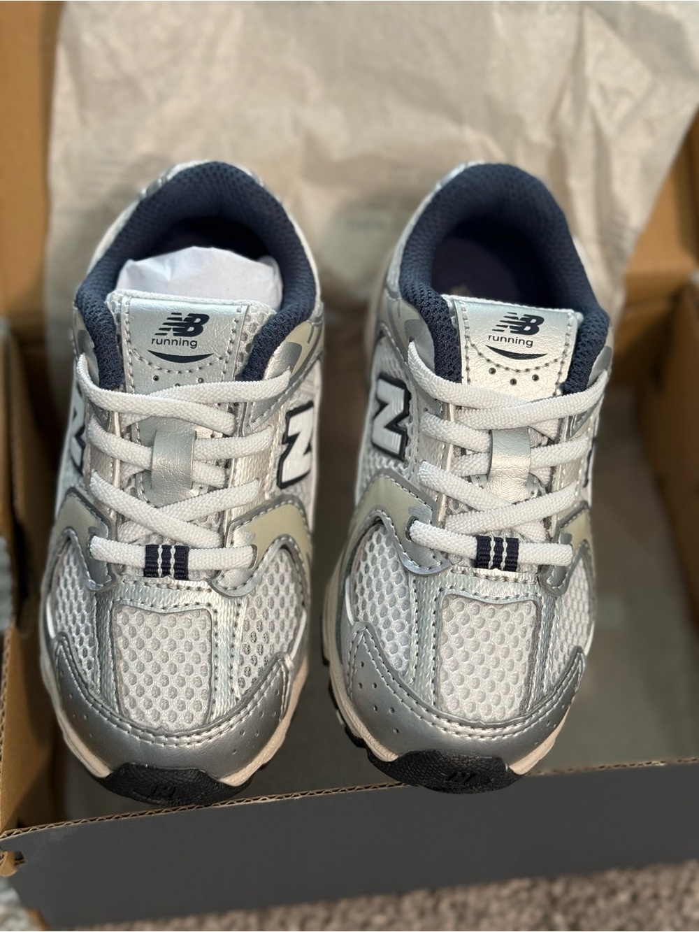 New Balance Kids Silver and Navy Mesh Sneakers